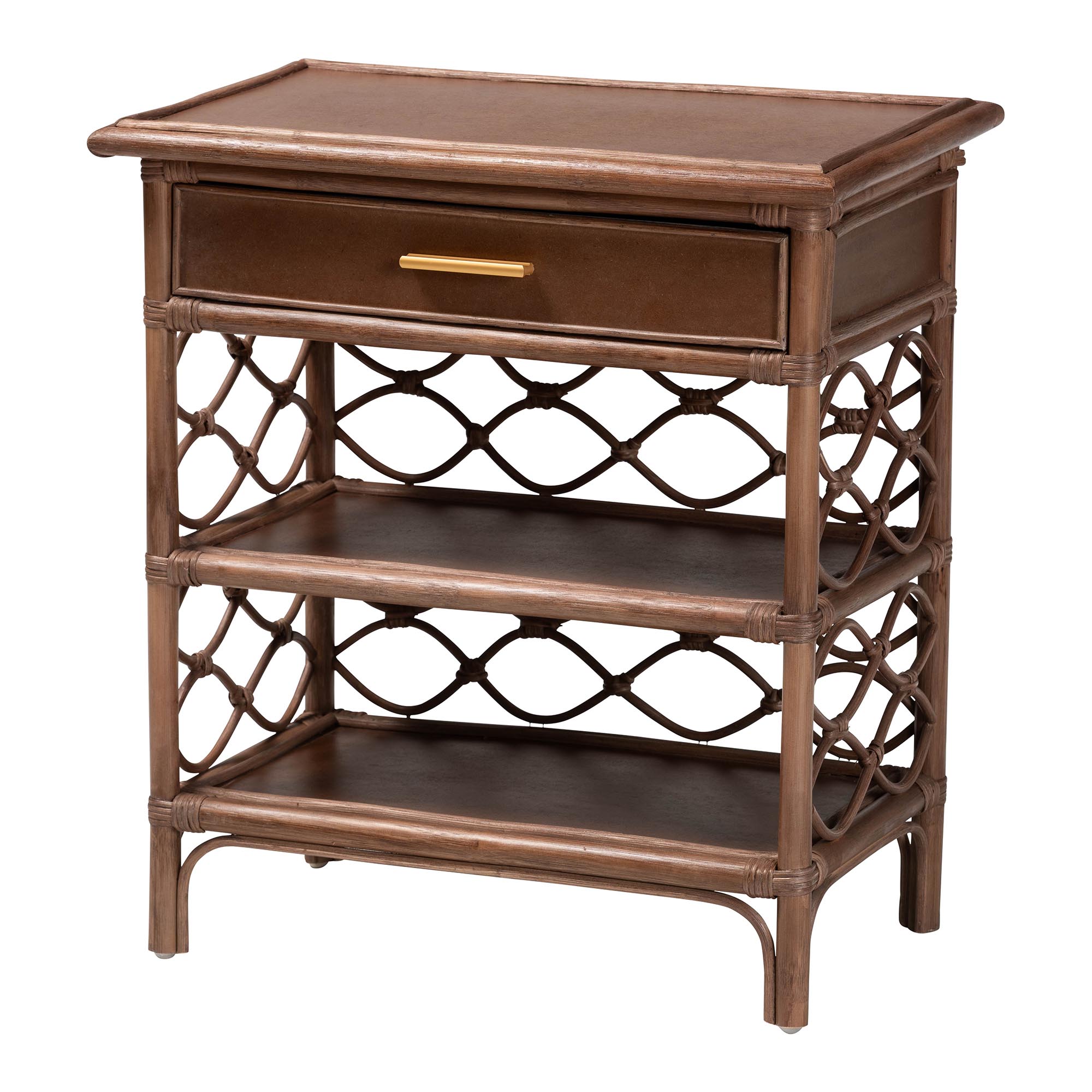 bali & pari Akane Natural Rattan Nightstand with Drawer and Open Shelves - Coastal Bedside Table with Lattice Design, Brown Affordable modern furniture in Chicago, classic bedroom furniture, modern nightstand, cheap nightstand